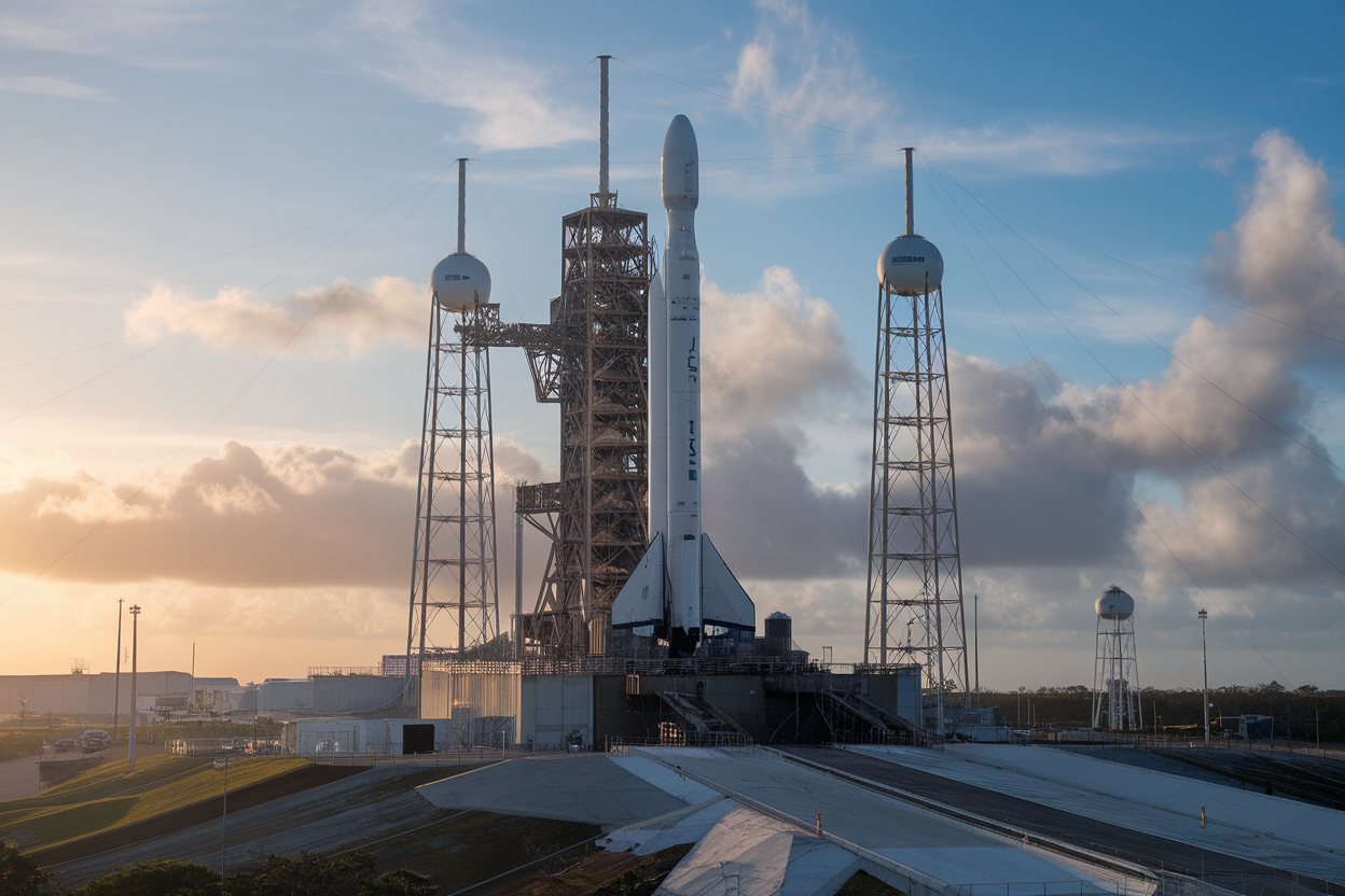 Falcon 9 sulla piattaforma di lancio al sorgere del sole a Cape Canaveral