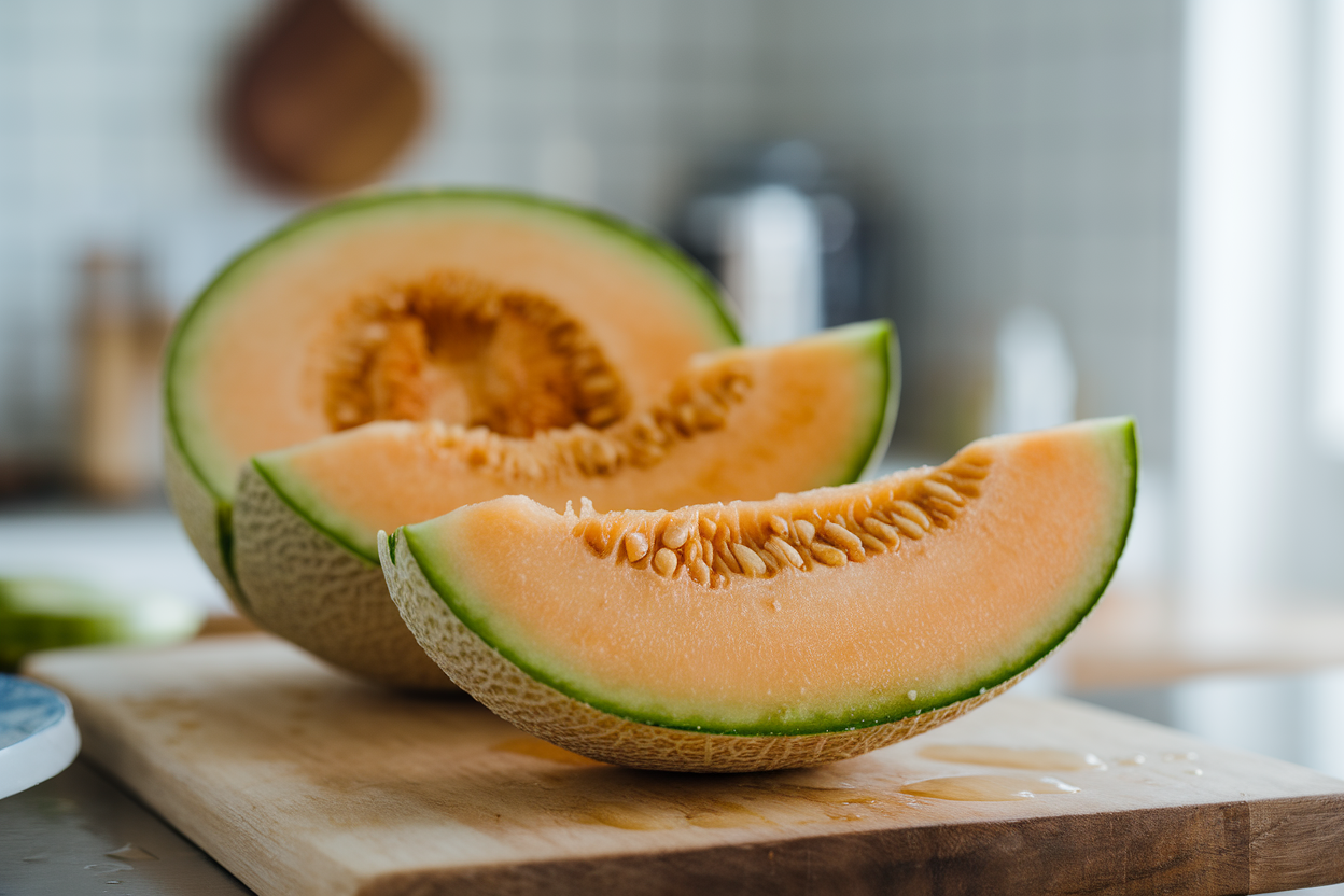 Melone tagliato con polpa succosa e gocce d'acqua su tagliere