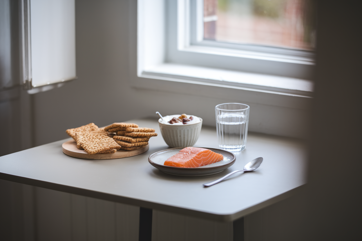 Tavolo con spuntini sani, yogurt, cracker e acqua