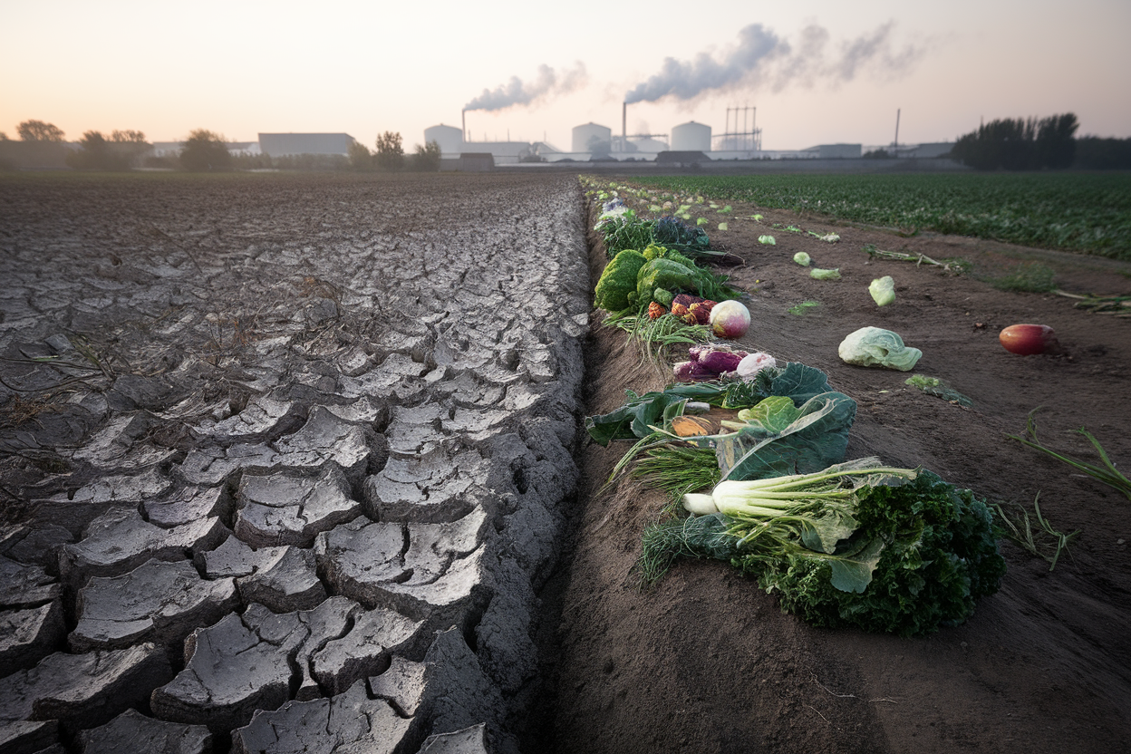 Campo arido vicino a strip coltivata con allevamenti sullo sfondo