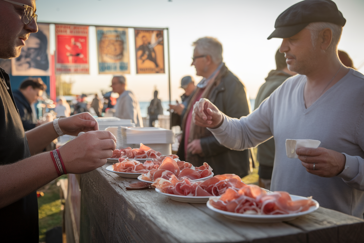 Stand esterno del Consorzio con degustazioni di Prosciutto al tramonto