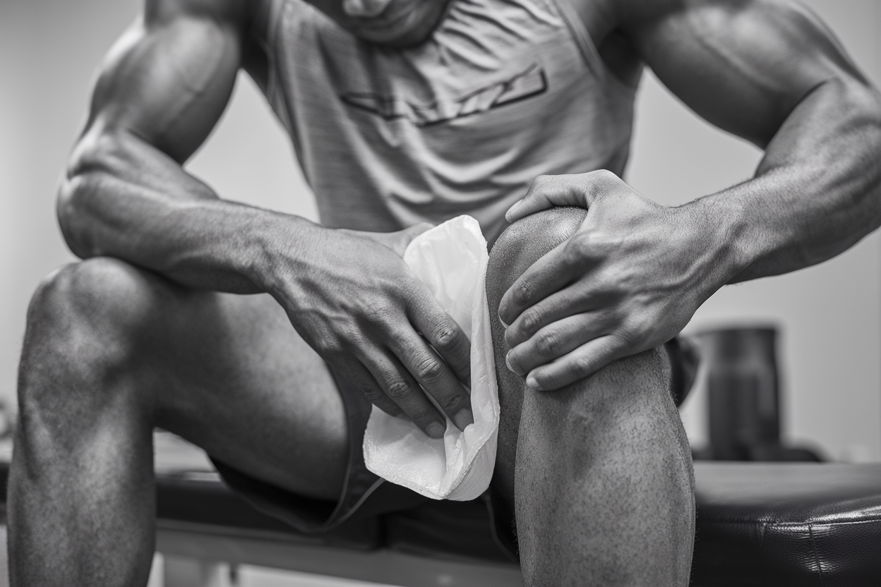 Atleta seduto con impacco freddo sulla coscia dolorante