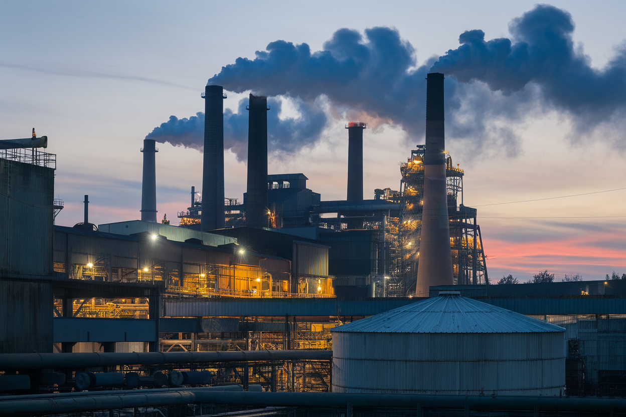 Stabilimento siderurgico con ciminiere e strutture industriali al tramonto