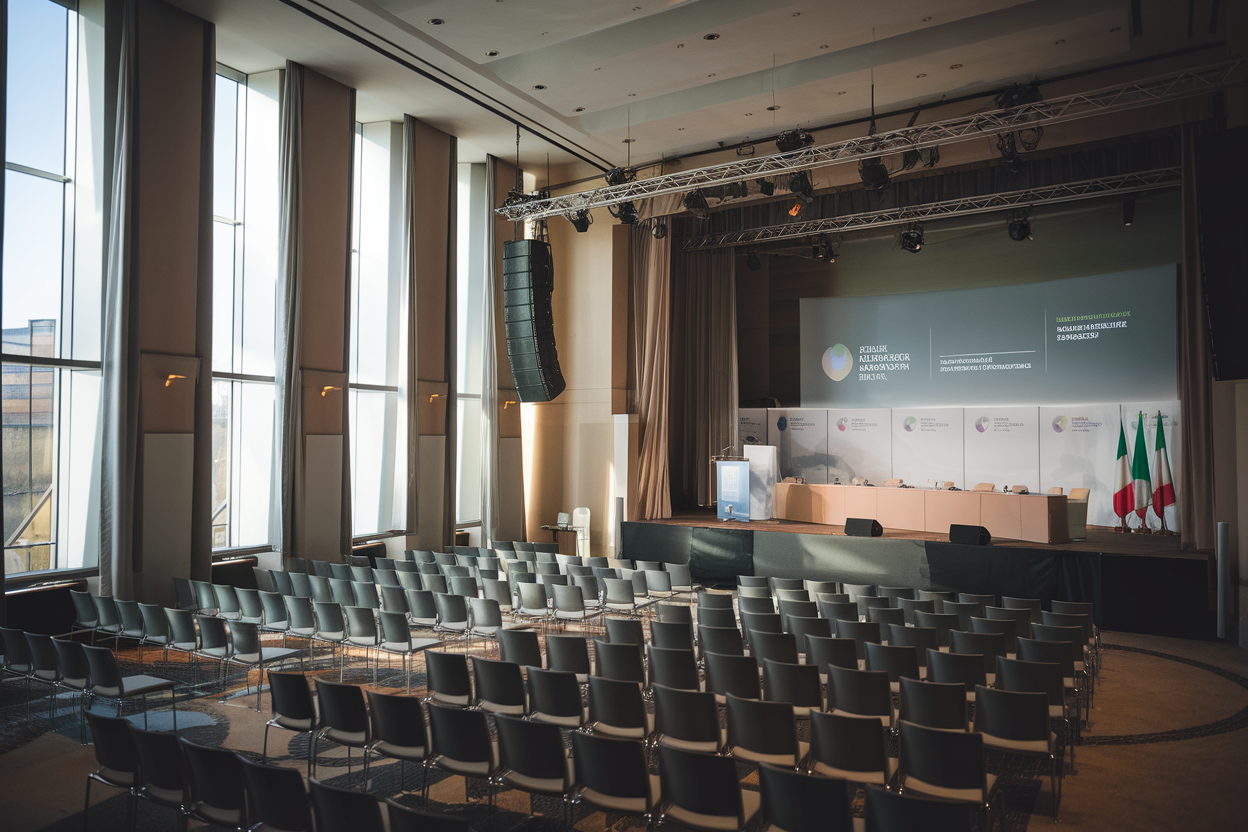 Sala conferenze vuota con palco e podio pronta per il convegno