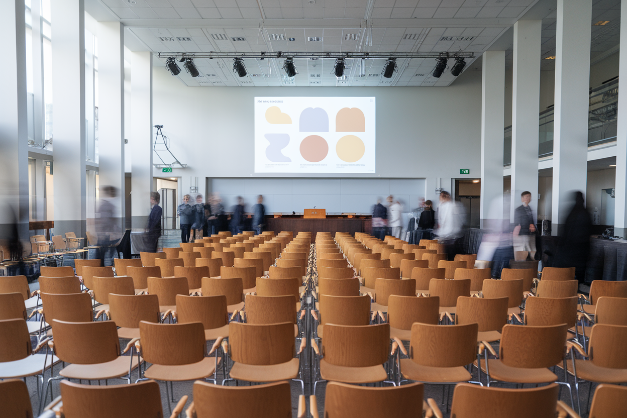 Aula universitaria vuota con leggio e sedie in preparazione alla conferenza