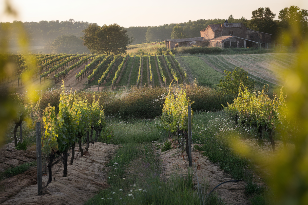 Vigneto con siepi e fiori che favoriscono la biodiversità