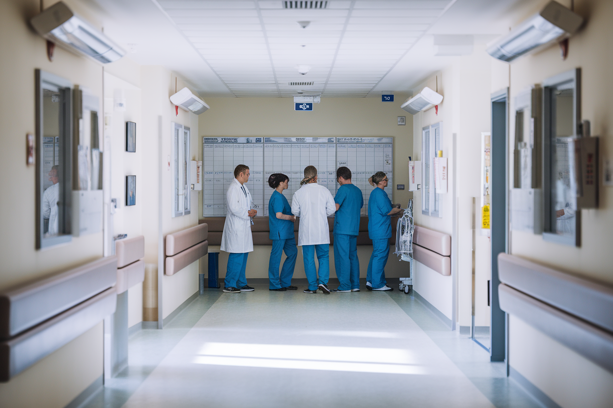 Corridoio ospedaliero del Pronto Soccorso con medici in dialogo