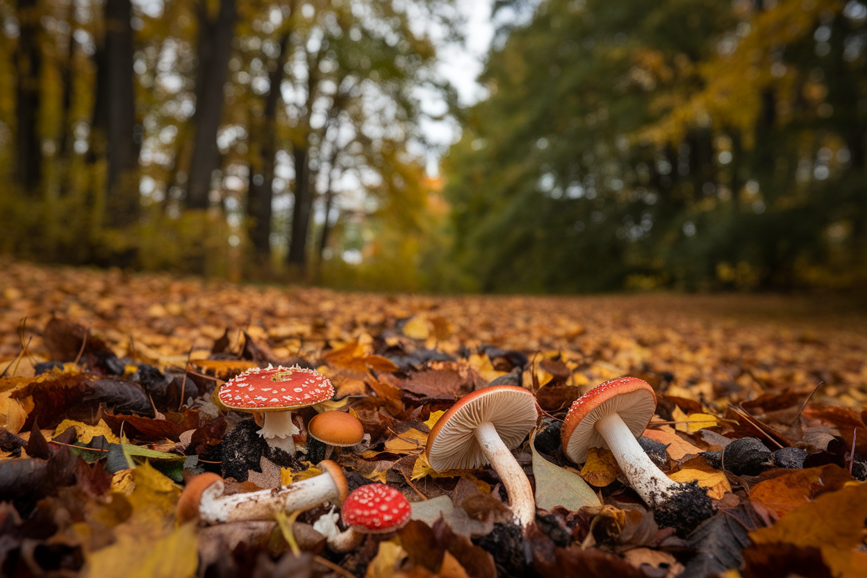 Primo piano di funghi diversi su lettiera foliare autunnale