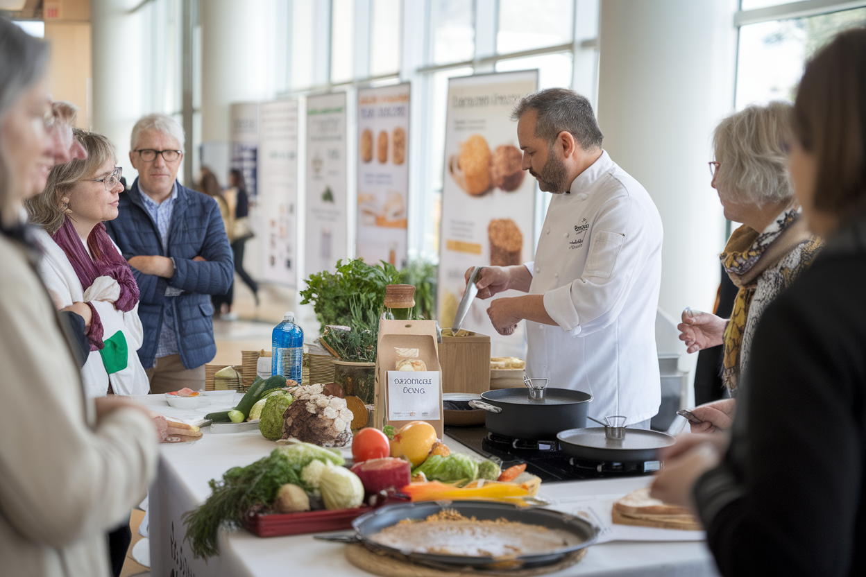 Dimostrazione di showcooking senza glutine con chef e partecipanti
