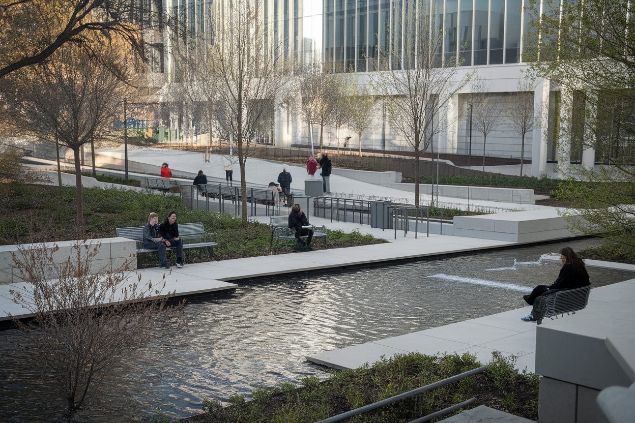 Parco urbano con area d'acqua e persone distribuite, mattina naturale