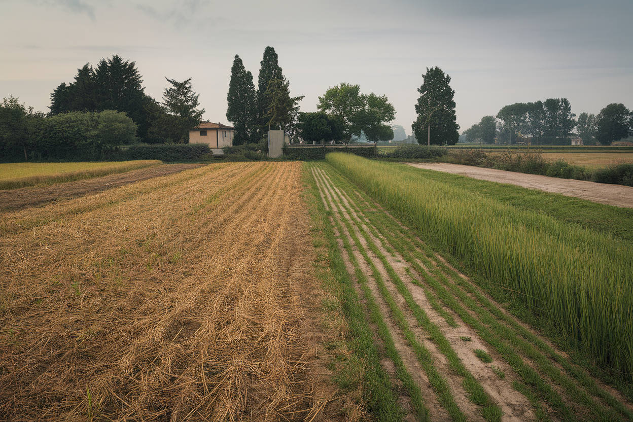Campi sperimentali di riso con tre tecniche visibili in estate