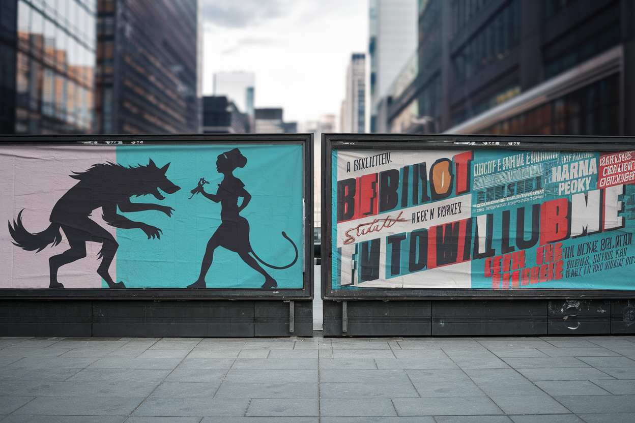Manifesti paralleli con silhouette mediche e slogan in ambiente urbano