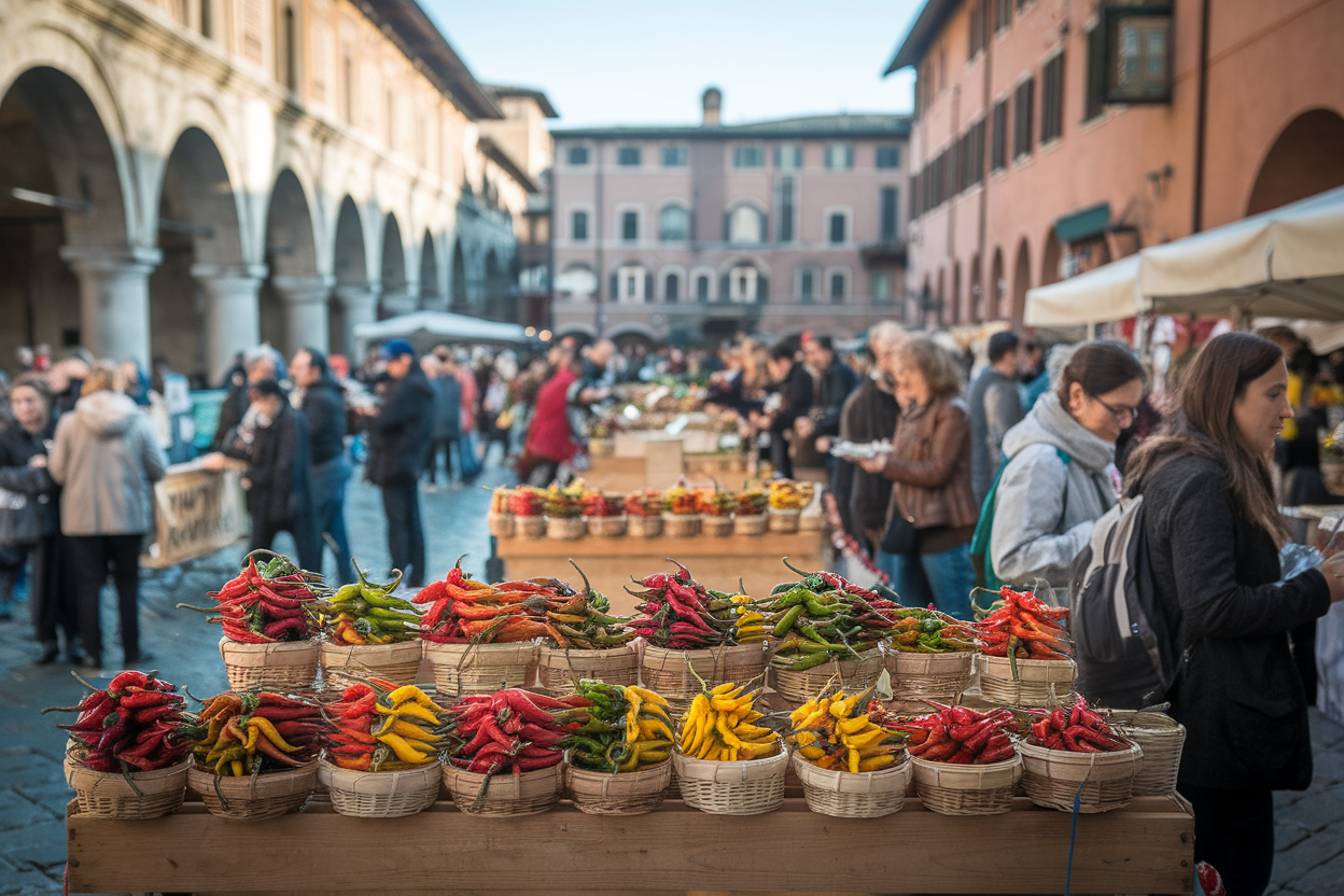 Bancarelle con peperoncini vari e visitatori nella piazza storica di Rieti