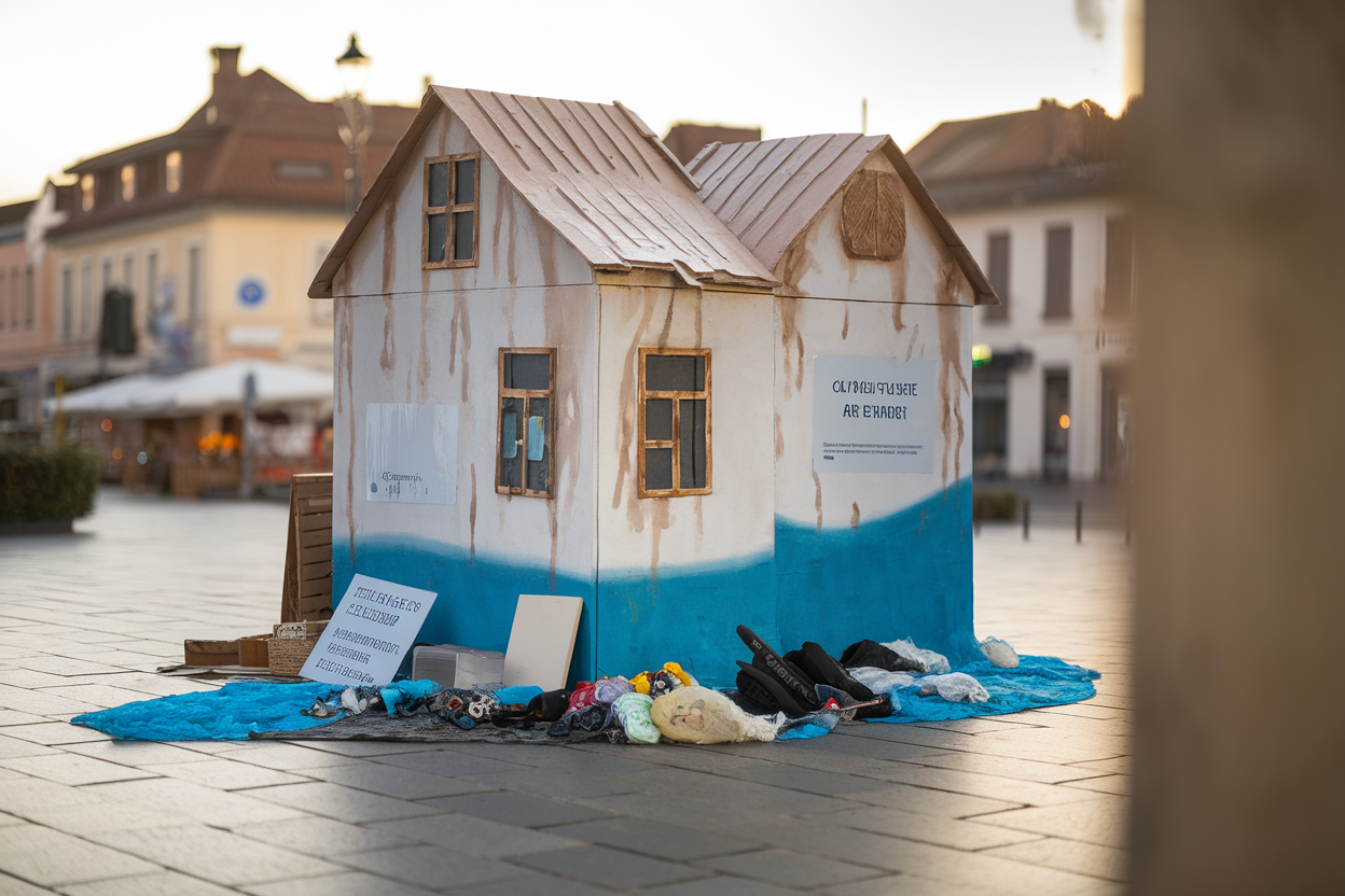 Installazione artistica che rappresenta i danni da alluvione in una piazza