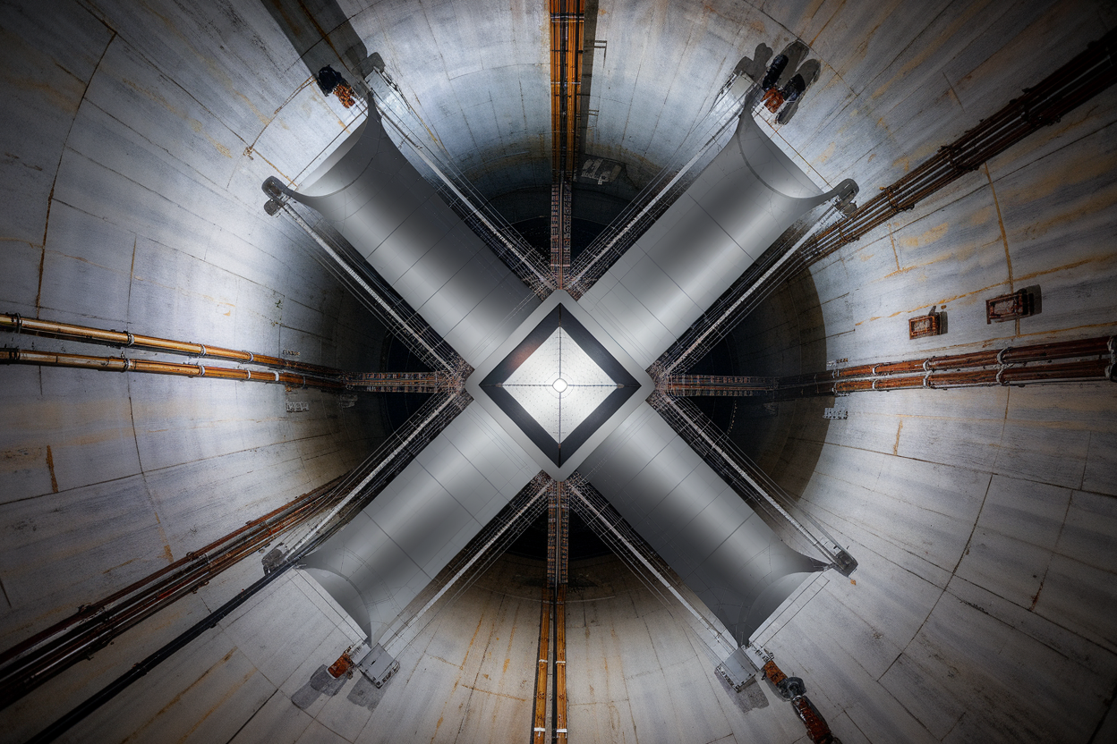 Visuale concettuale di tunnel con bracci a L e traccia triangolare