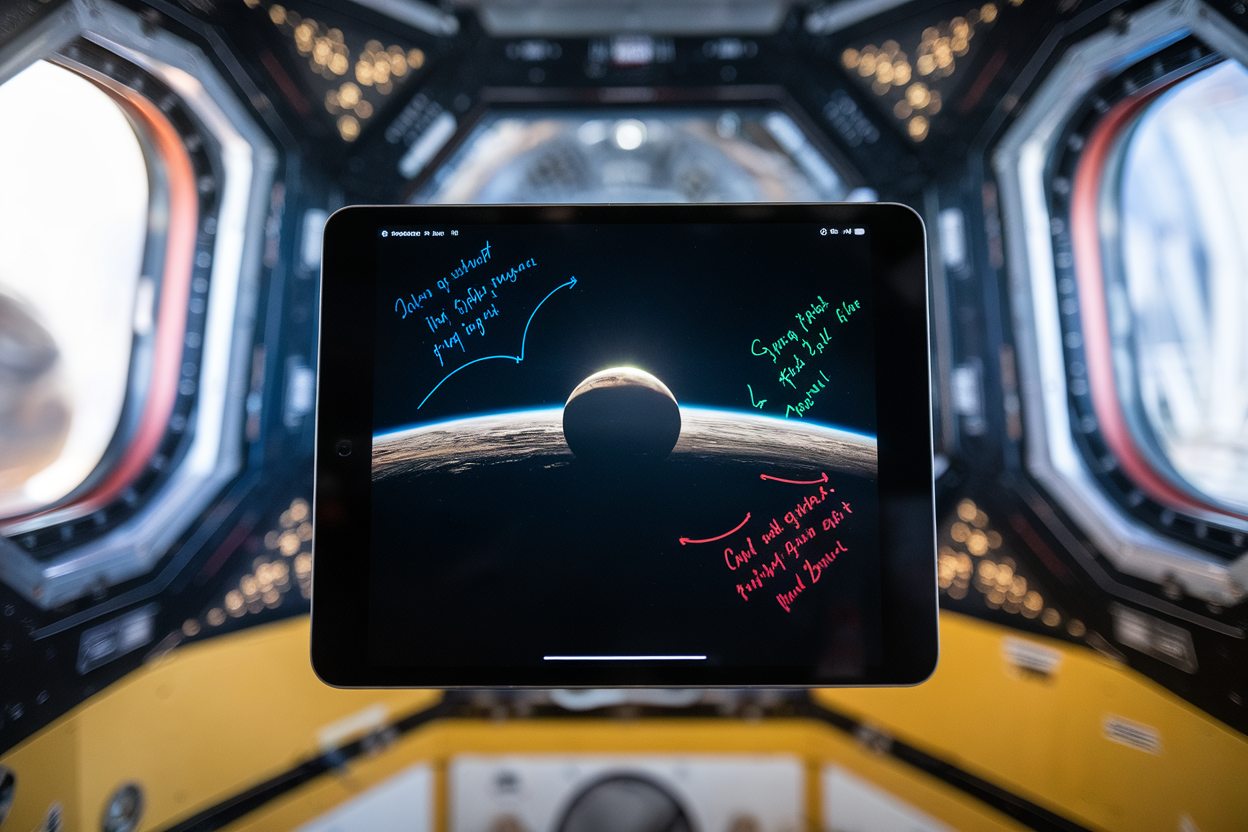 Tablet a bordo con screenshot della Luna e annotazioni colorate