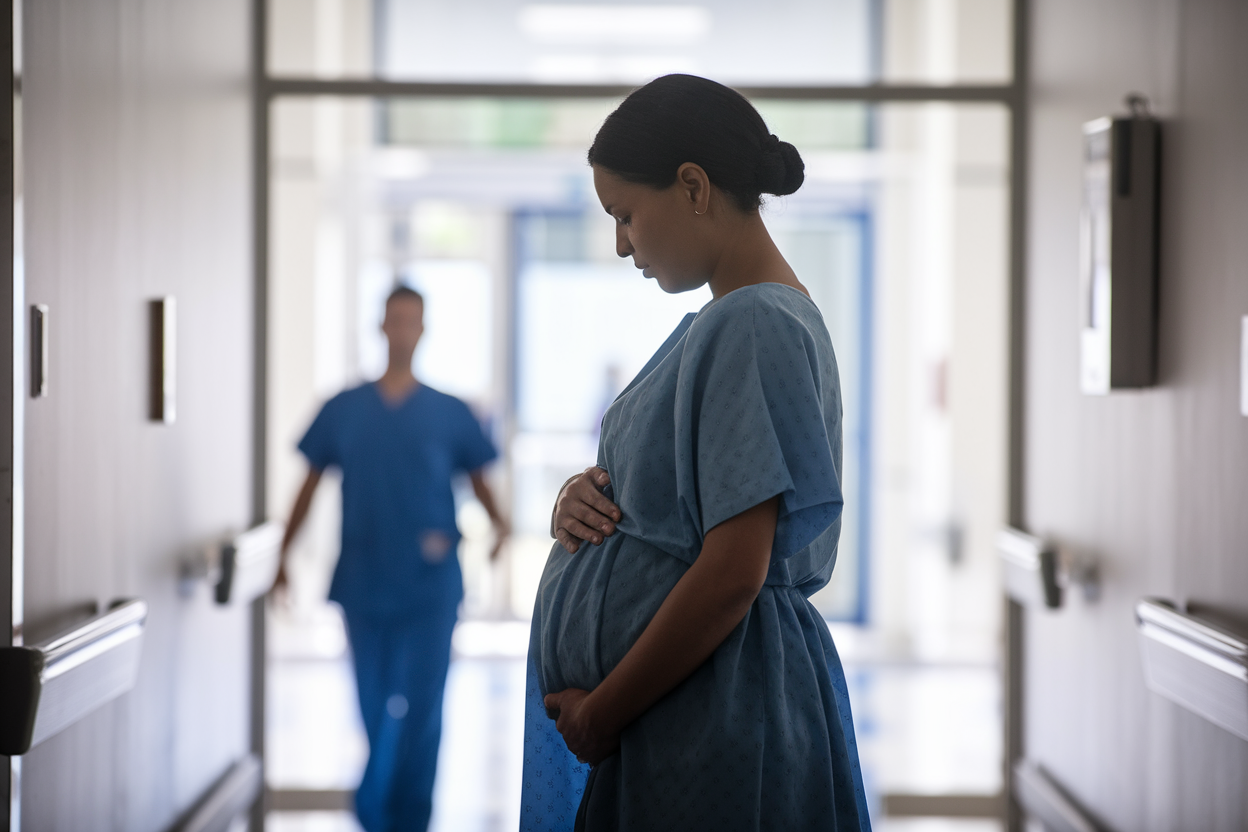 Donna incinta in corridoio ospedaliero, mani sul pancione