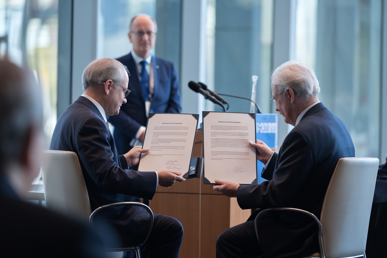 Firma ufficiale del memorandum tra due dirigenti della NASA e DOE