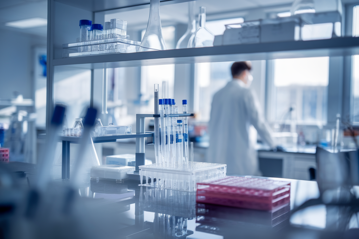 banco laboratorio con micropipette e microplacche in luce naturale