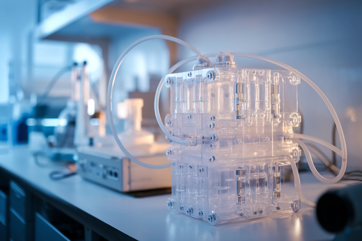 Bioreattore modulare trasparente su un banco di laboratorio