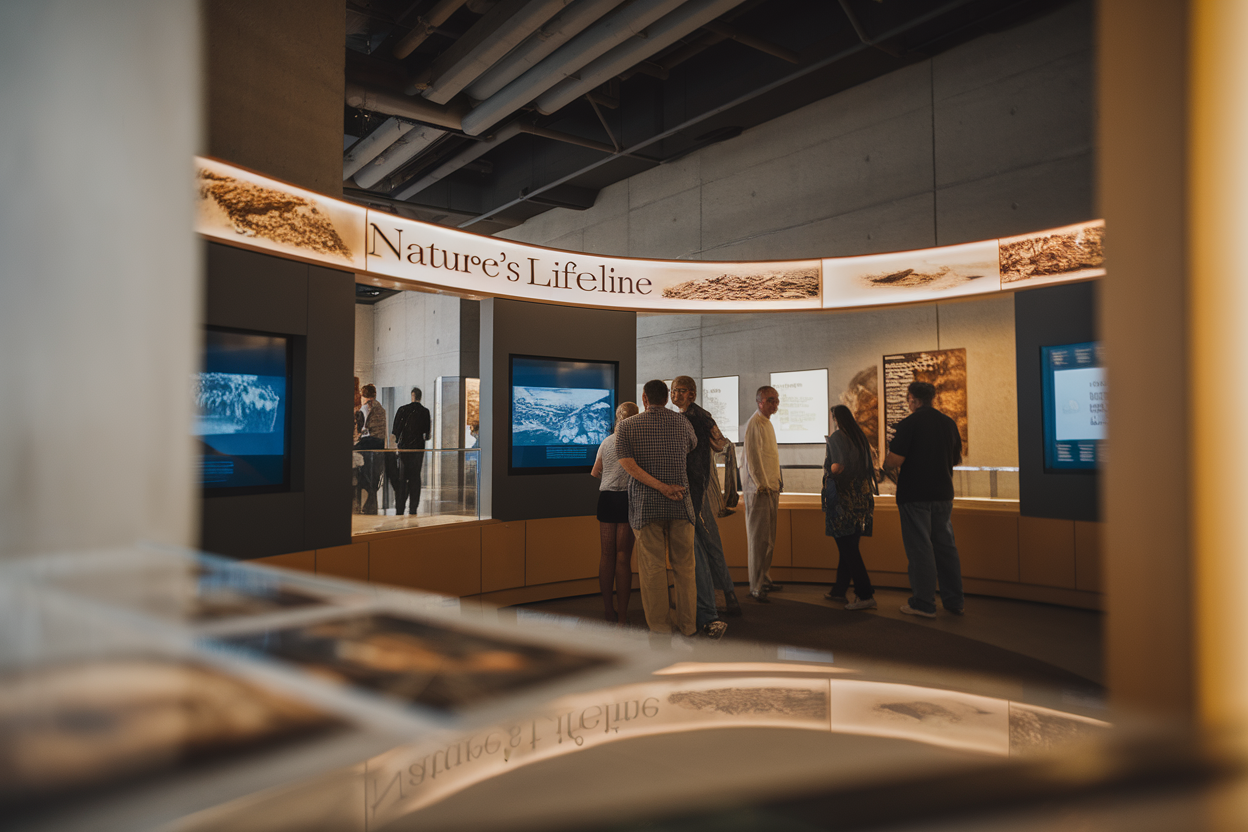 Angolo espositivo con installazione luminosa e fotografie d'archivio