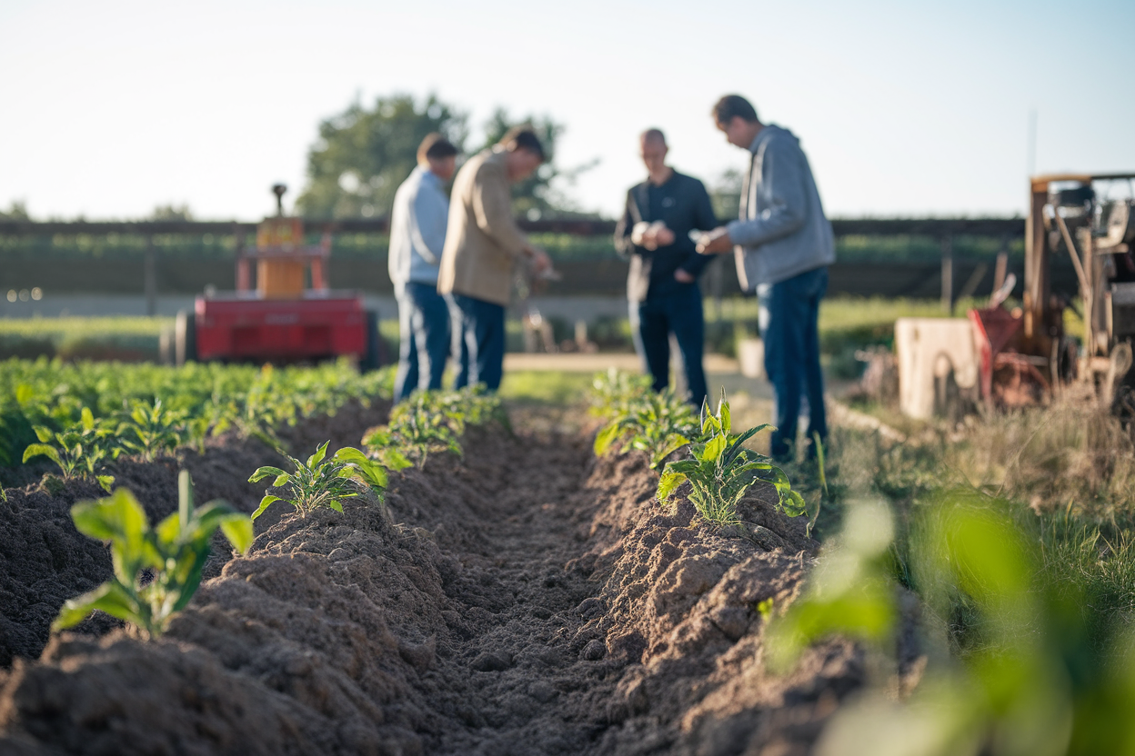 Ricercatori e agricoltori discutono campioni di suolo in campo lombardo