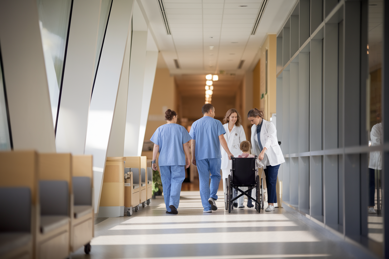 Corridoio luminoso di un ospedale pediatrico con personale e famiglia