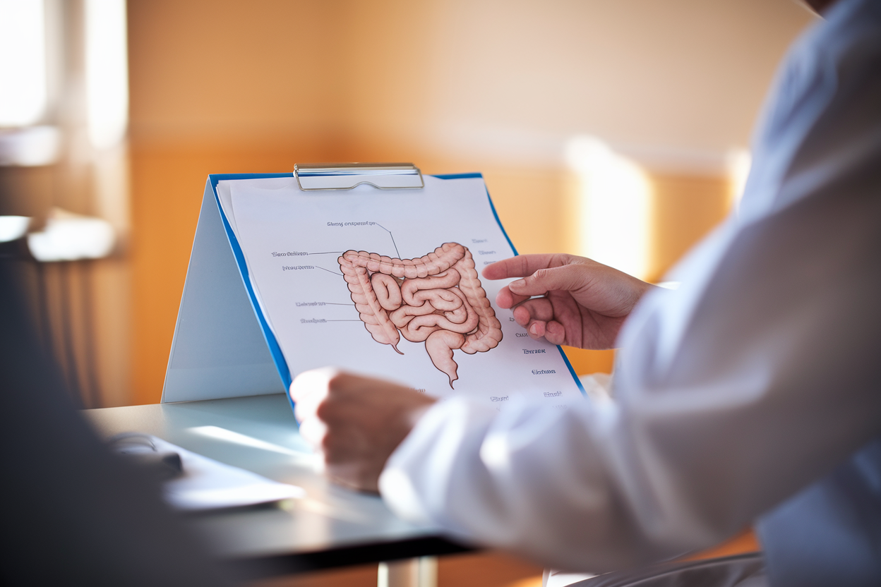 Medico e documenti con diagrammi intestinali durante consulto clinico