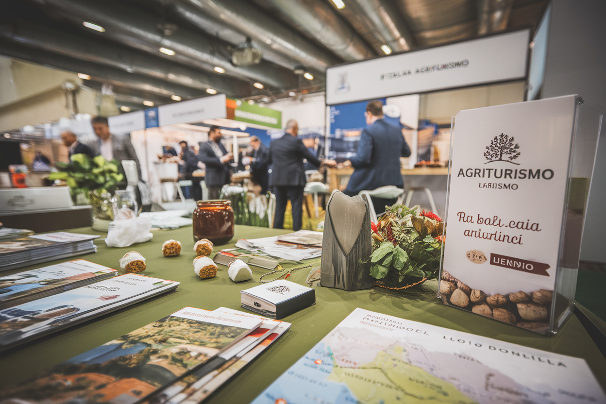 Stand espositivo agriturismo con materiale promozionale al tavolo