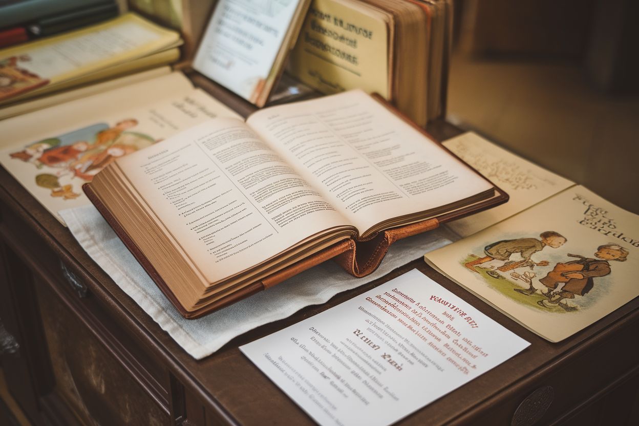 Libro aperto con ricette e illustrazioni su tavolo di legno