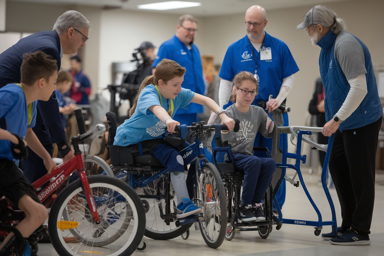 Bambini che provano bici adattate e frame runner sotto supervisione medica