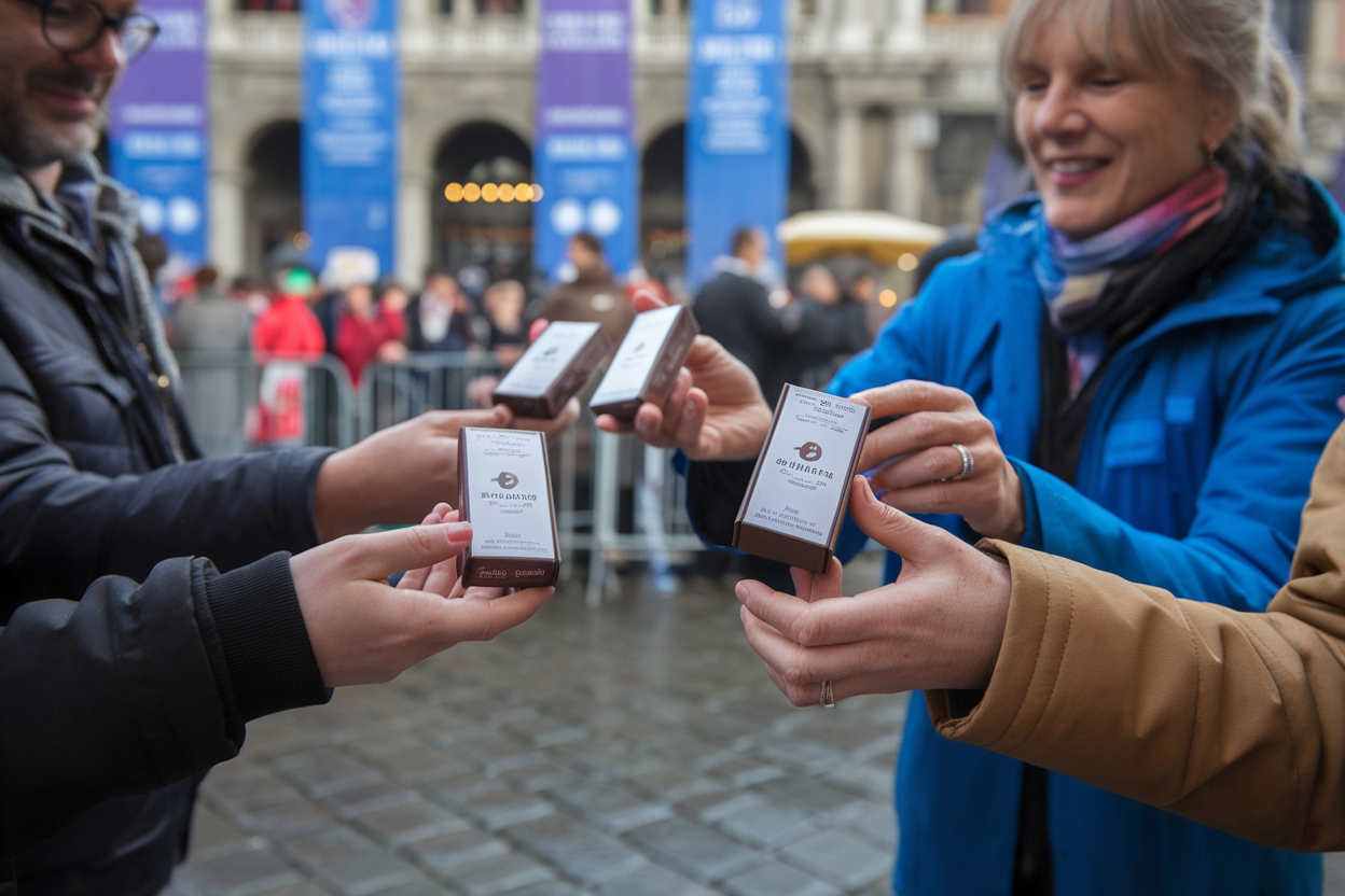 Volontari che distribuiscono confezioni di cioccolatini nelle piazze italiane