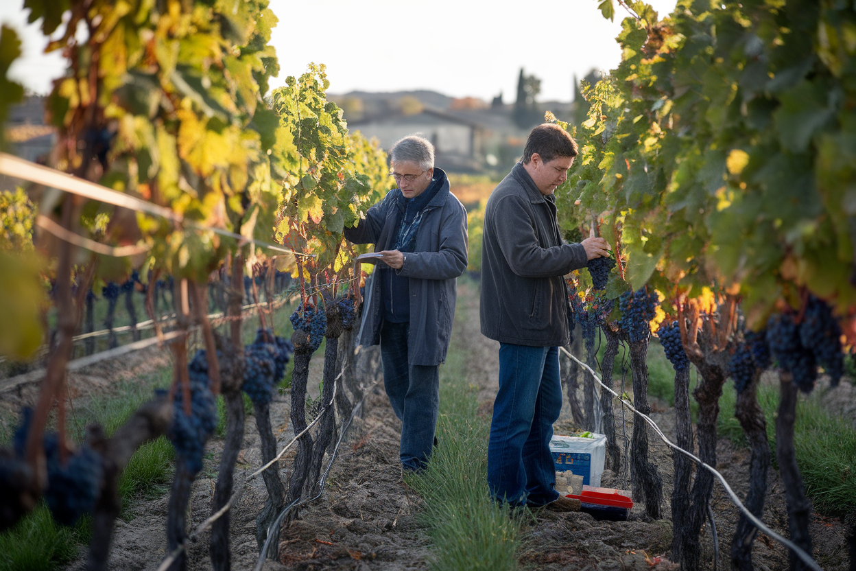 Ricercatori nei filari sperimentali di Velletri durante la vendemmia
