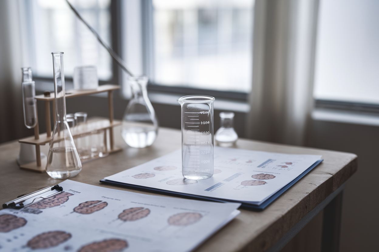 Vetreria di laboratorio e grafici metabolici su tavolo