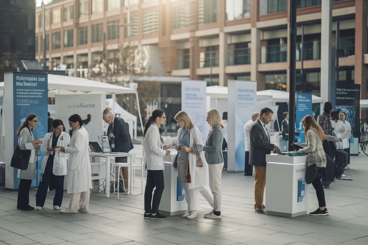 Villaggio open-air con stand medici e tecnologie per la salute