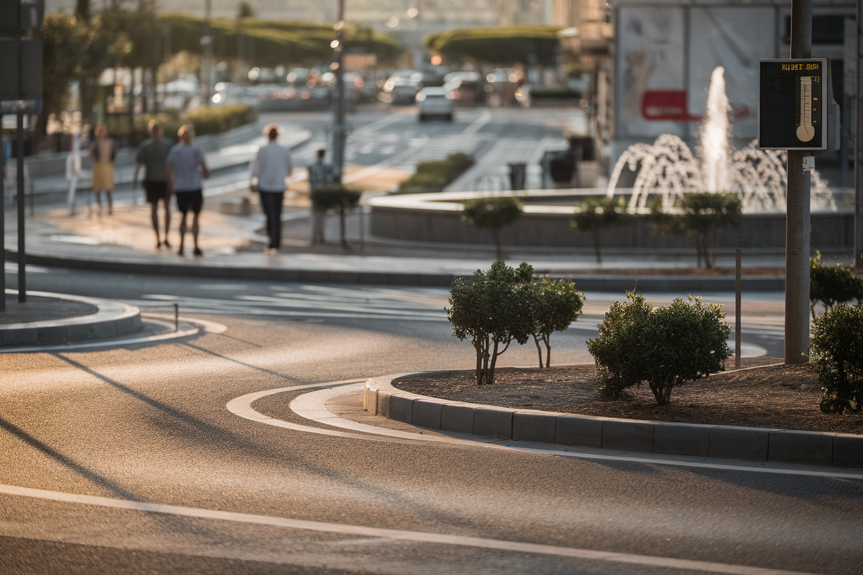 Strada urbana d'estate con asfalto caldo e sprazzi di verde