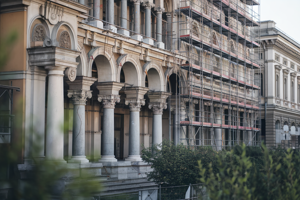 Facciata storica dell'Università con segni di restauro e spazi verdi