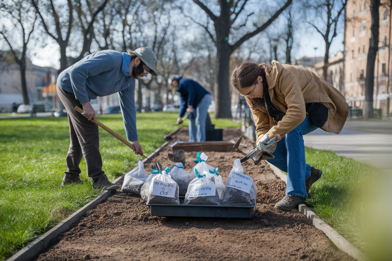 Ricercatori che prelevano campioni di suolo in un parco urbano italiano