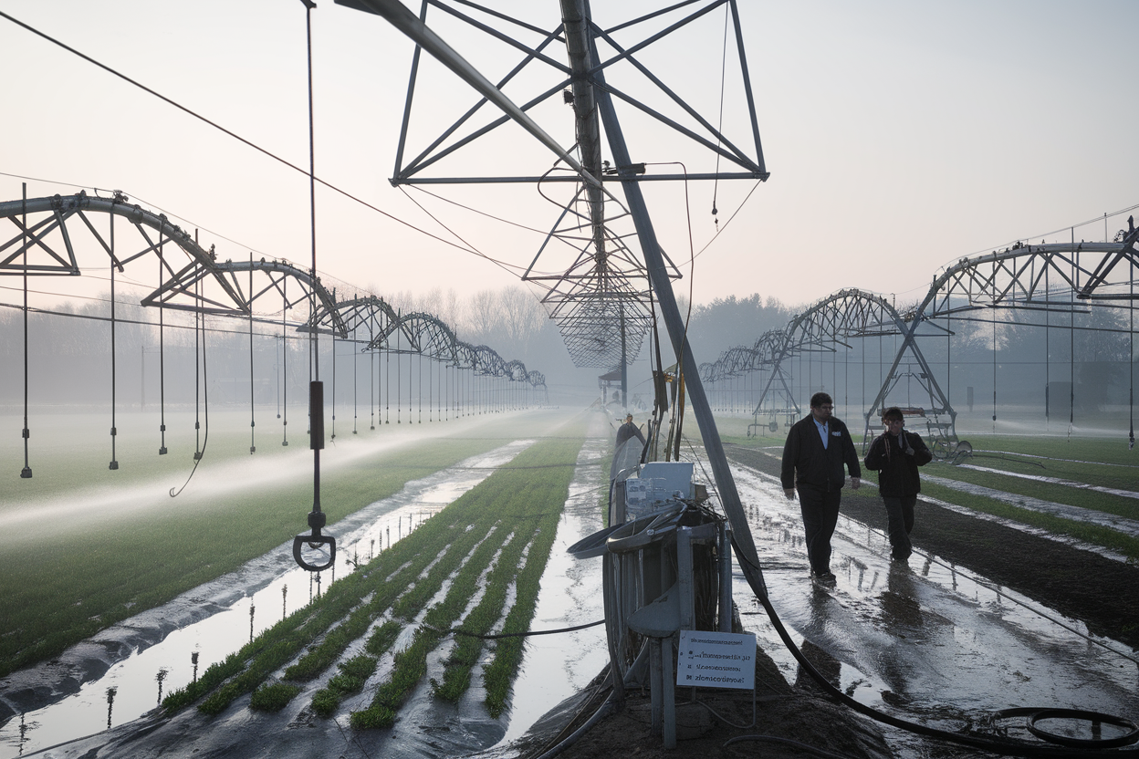 Campo sperimentale IRRILAB con attrezzature per irrigazione in primo piano