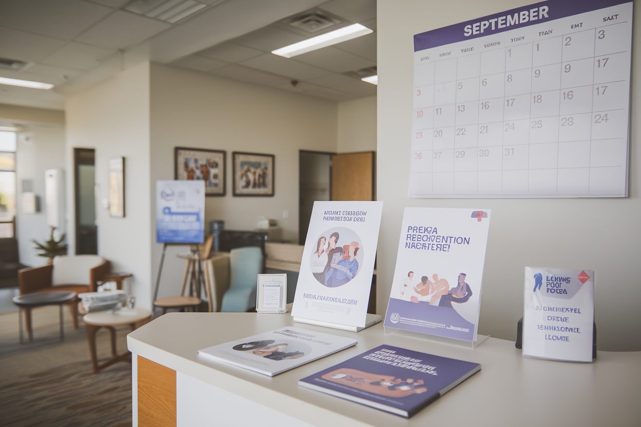 Sala d’attesa clinica con materiali informativi e calendario per screening