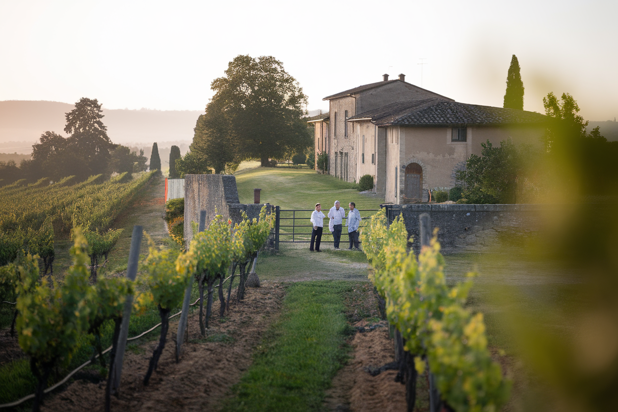 Paesaggio aziendale con vigneti e cascina storica al mattino