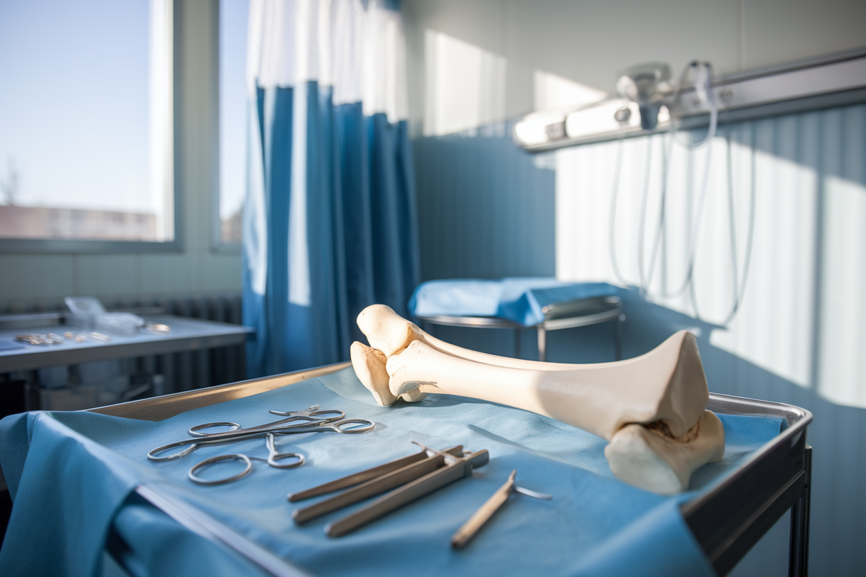 Modello anatomico del femore e strumenti ortopedici su vassoio sterile