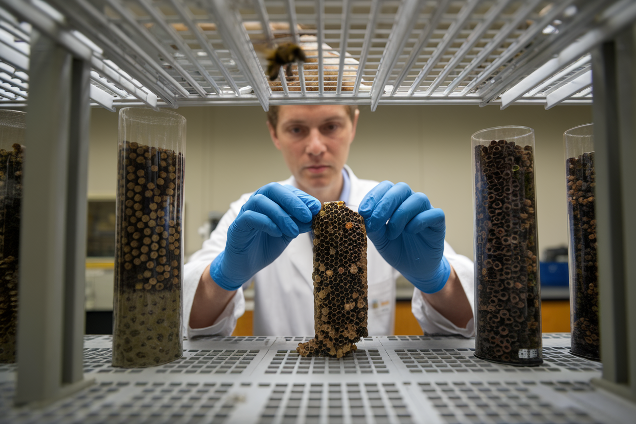 Ricercatrice in laboratorio con telai di api e tubi per Osmia bicornis