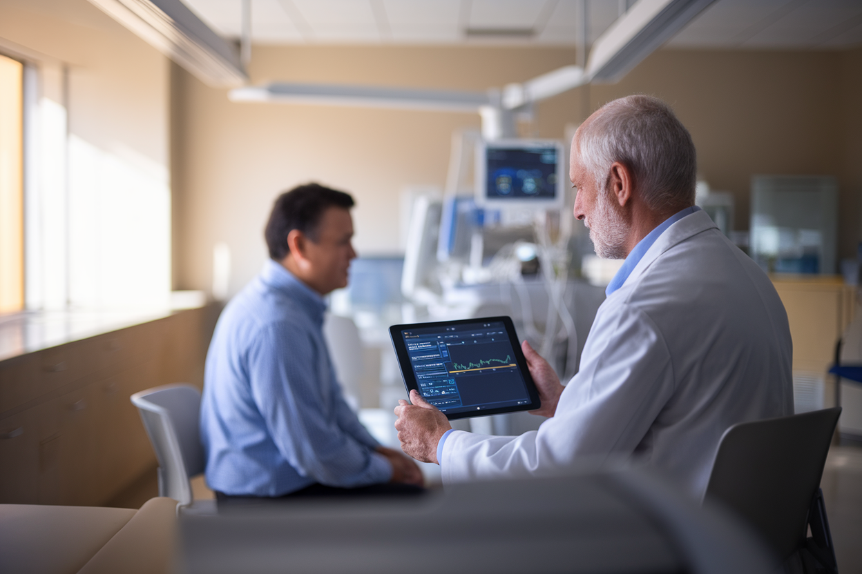 Sala visita ospedaliera moderna con tecnologia discreta visibile