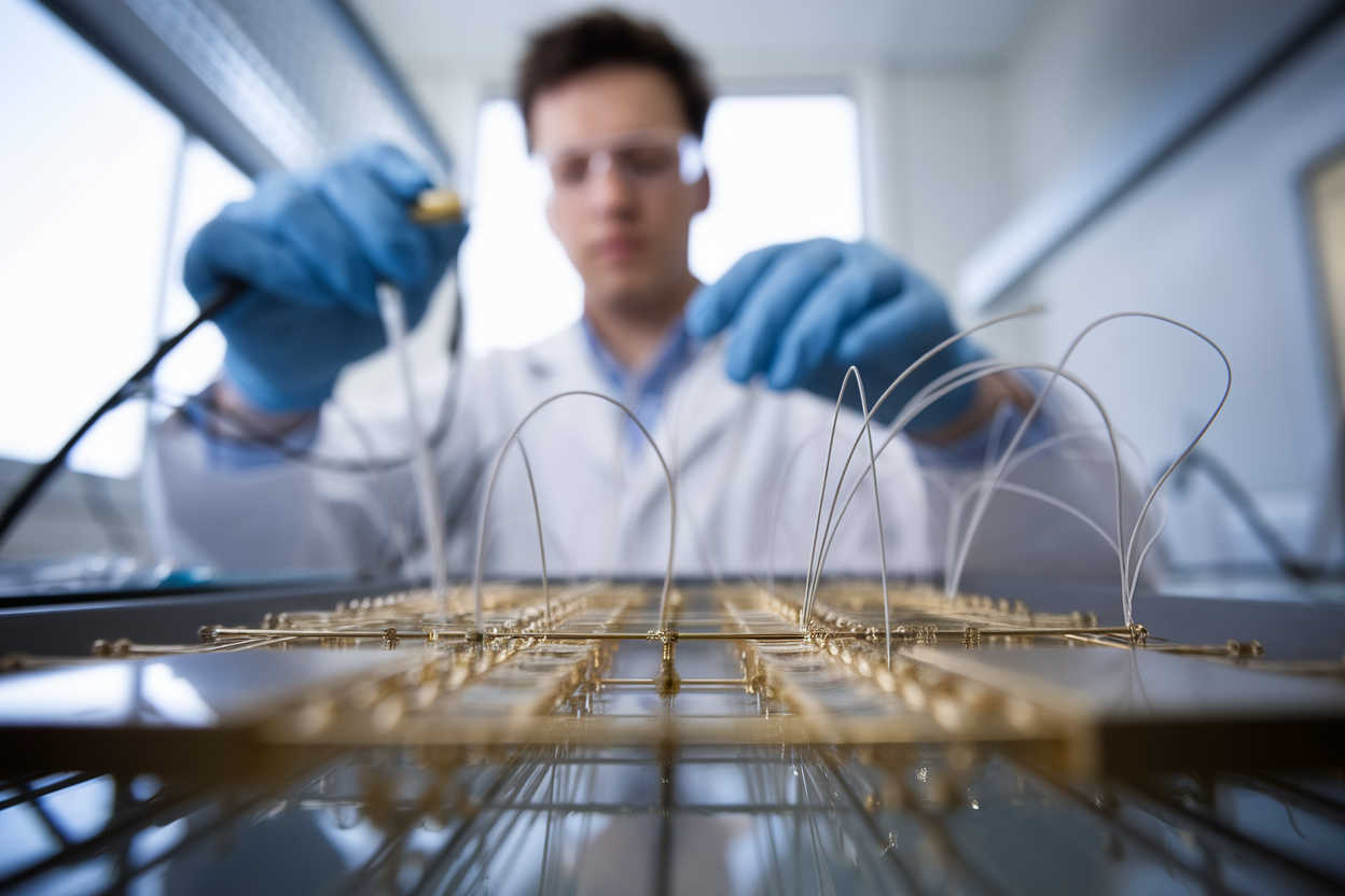 Primo piano di un dispositivo nanogap d'oro su un banco di laboratorio