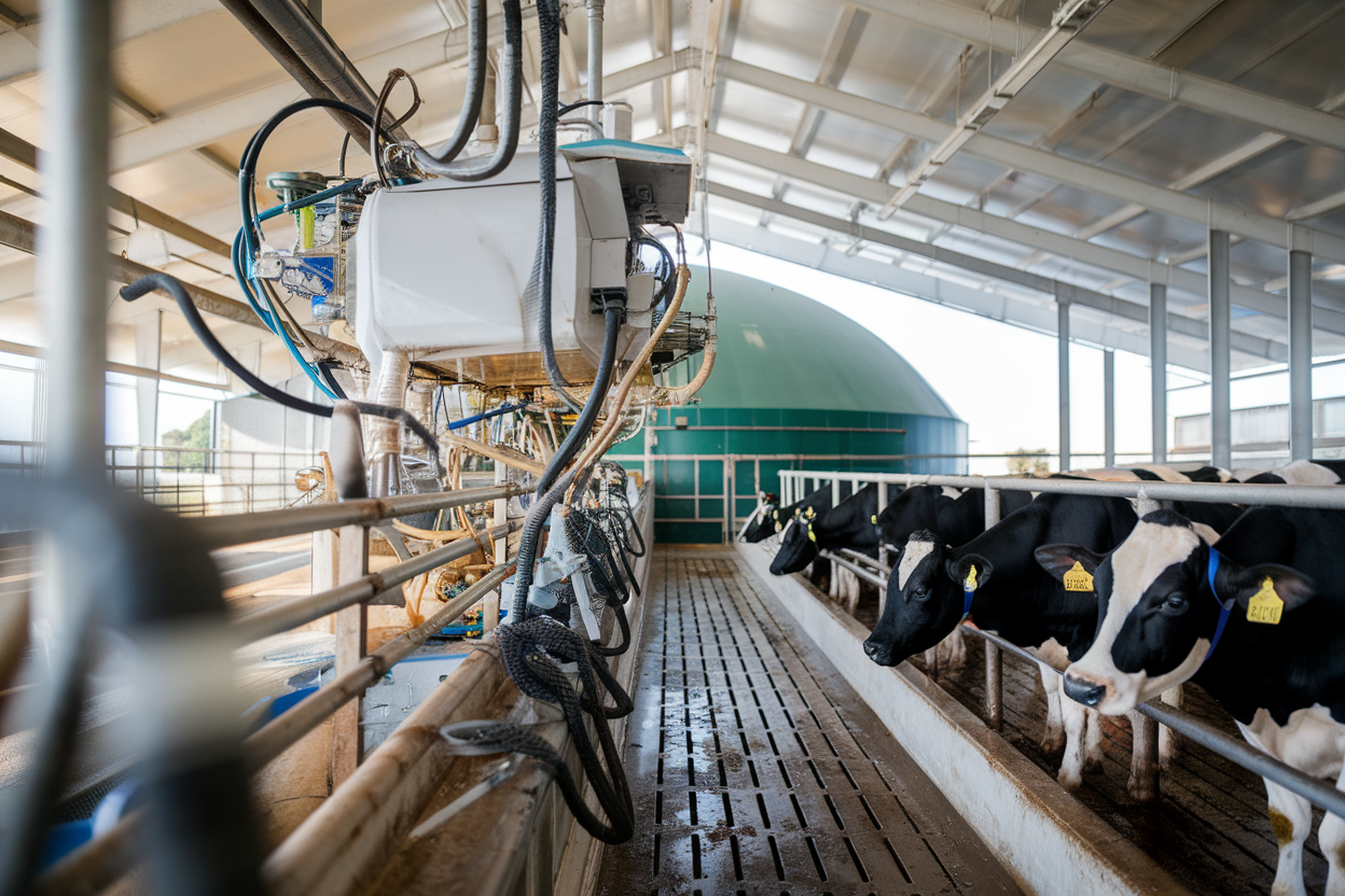 Robot di mungitura e impianto biogas in azienda agricola moderna