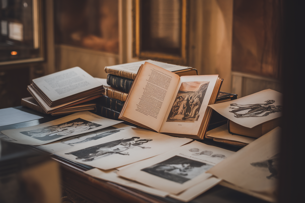 Libri e tavole illustrate di Yambo su un tavolo in luce naturale
