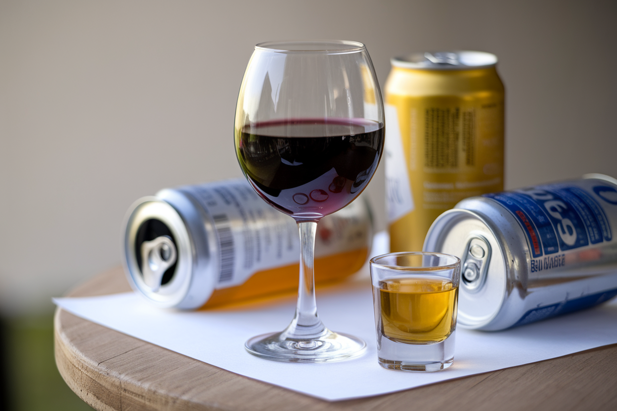Bicchiere di vino, lattina di birra e bicchierino su un tavolo