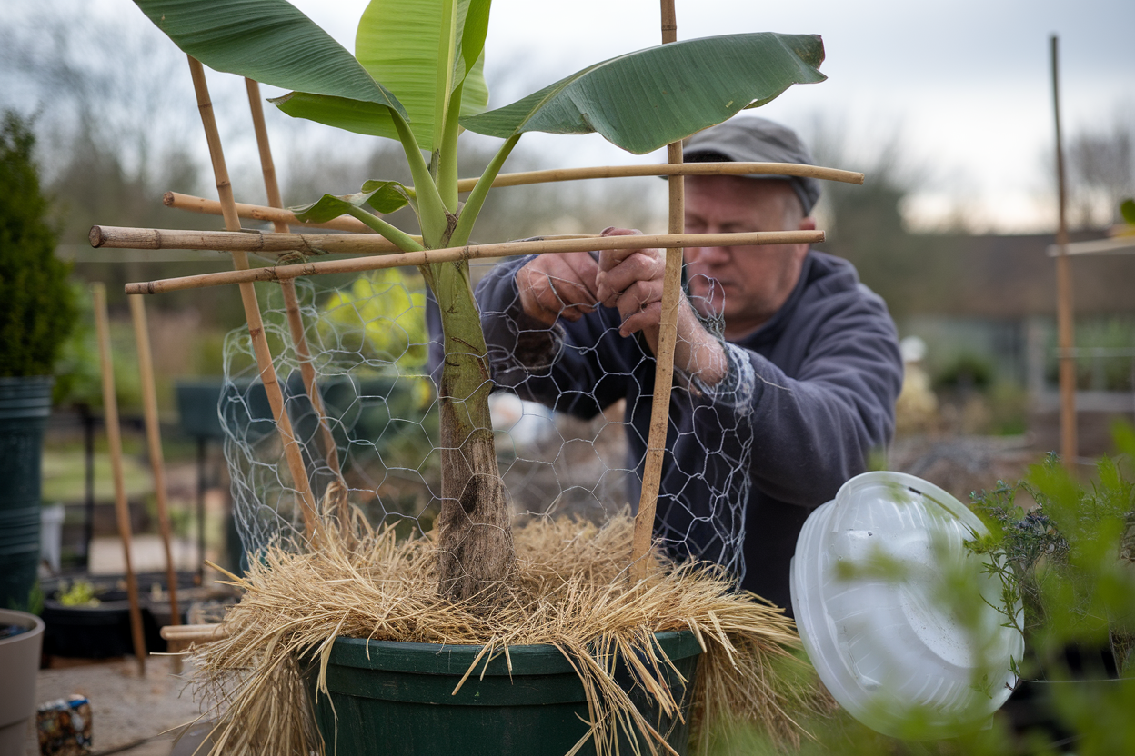 Giardiniere che costruisce una copertura invernale per una pianta di banana