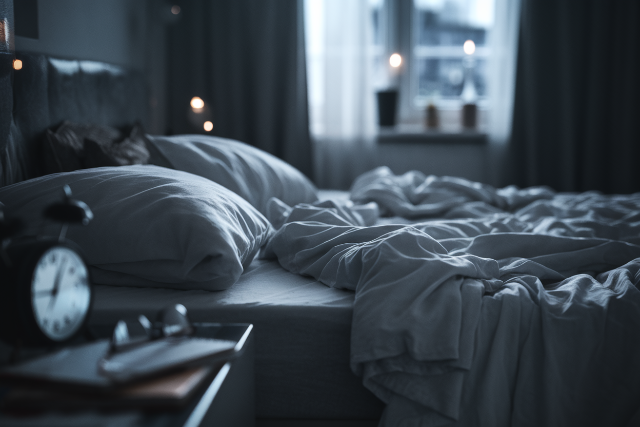 Camera da letto scura con letto disfatto e orologio che segna l'ora